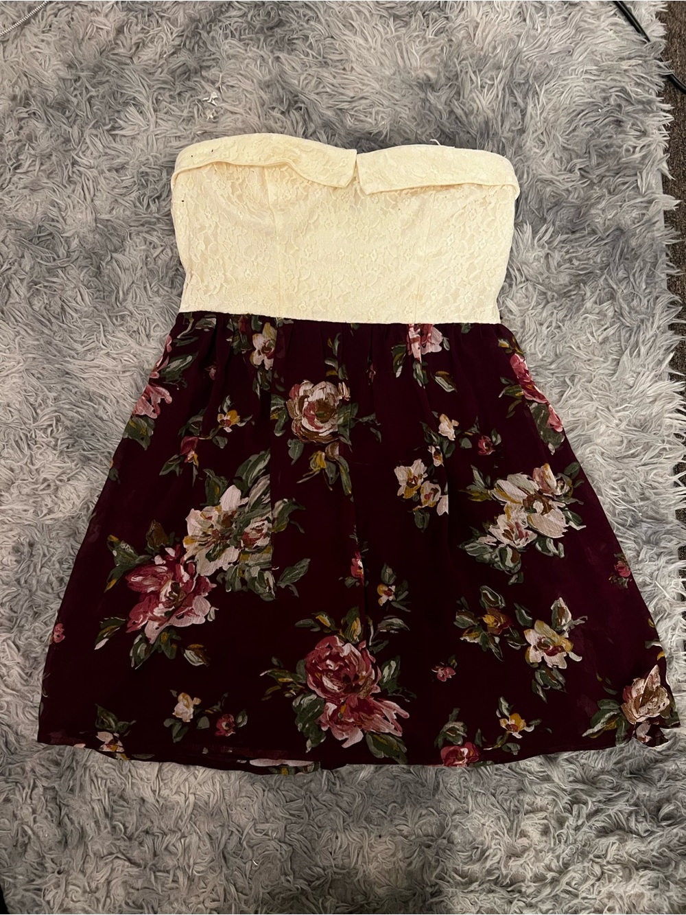 City Studio Strapless Lace Bodice Floral Skater Dress - Cream & Burgundy